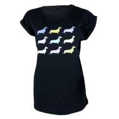 Damen T-Shirt "bunte Dackel", navy - Vorbestellung
