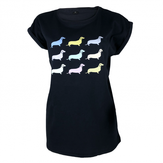 Damen T-Shirt "bunte Dackel", navy - Vorbestellung