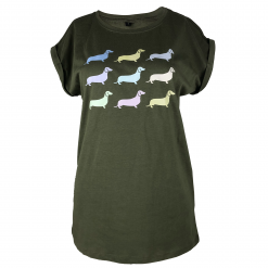Damen T-Shirt "bunte Dackel", oliv - Vorbestellung